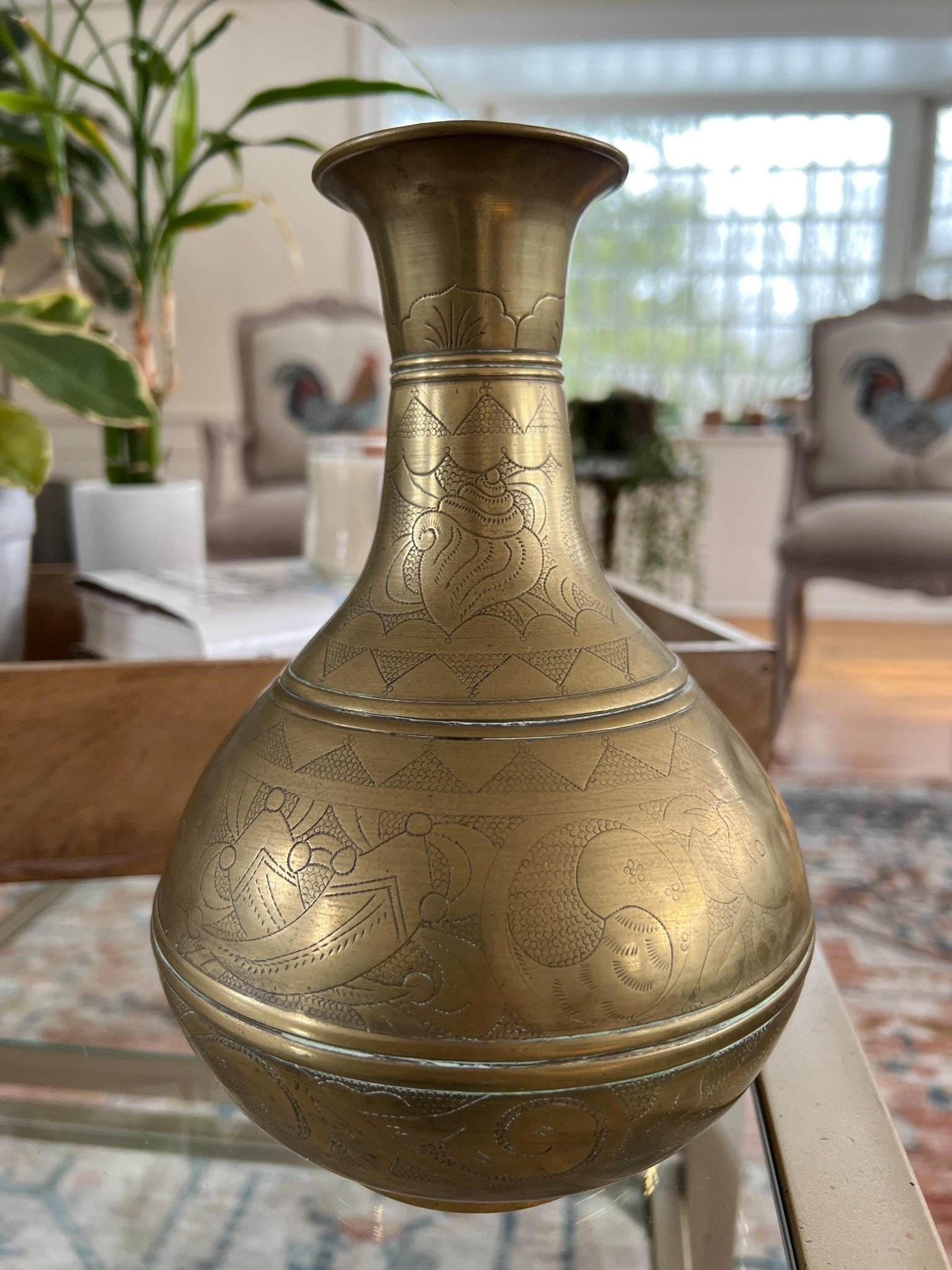 Solid Brass Etched Vase — Floral, Shell & Yin-Yang Motifs, Heavy Vintage Patina, 8.5" - Loom Vintage