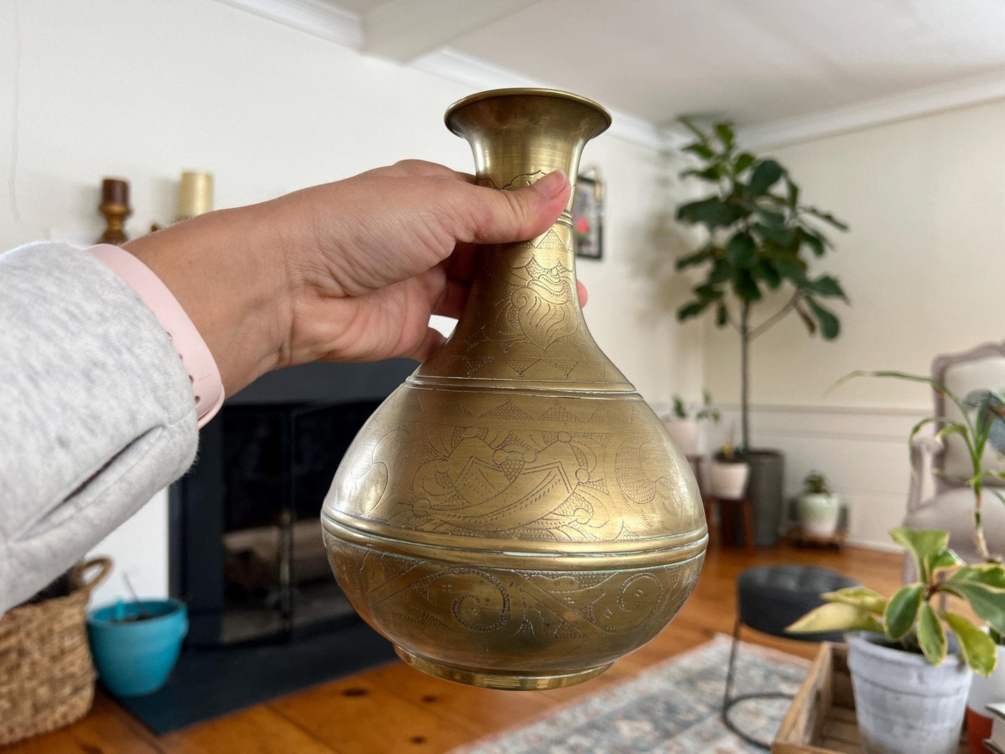 Solid Brass Etched Vase — Floral, Shell & Yin-Yang Motifs, Heavy Vintage Patina, 8.5" - Loom Vintage
