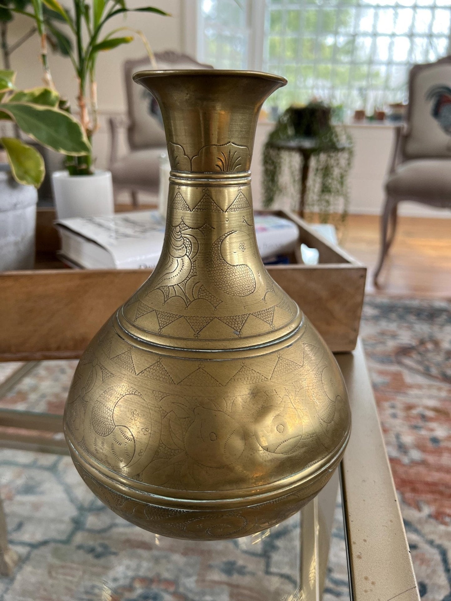 Solid Brass Etched Vase — Floral, Shell & Yin-Yang Motifs, Heavy Vintage Patina, 8.5" - Loom Vintage