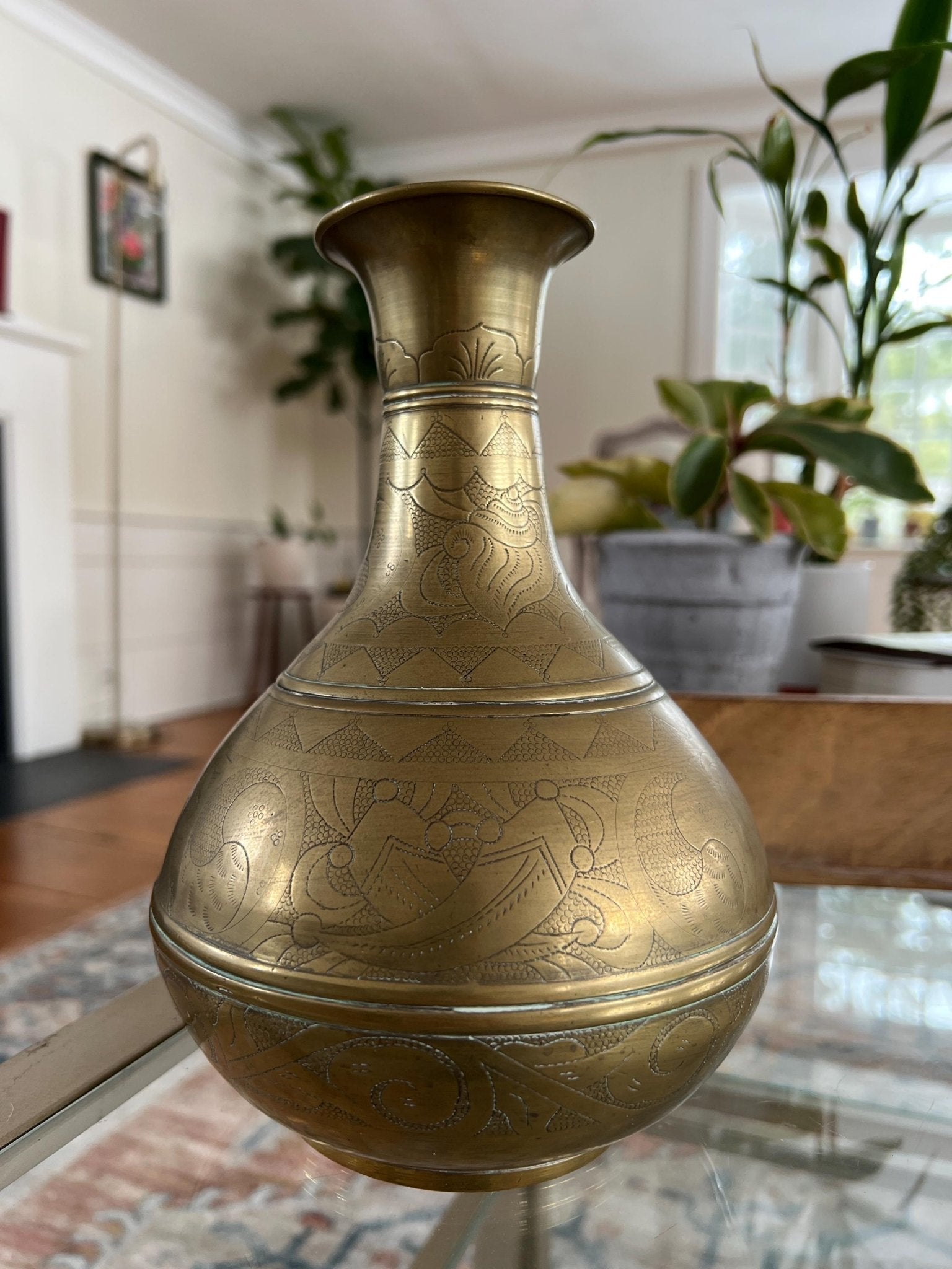 Solid Brass Etched Vase — Floral, Shell & Yin-Yang Motifs, Heavy Vintage Patina, 8.5" - Loom Vintage