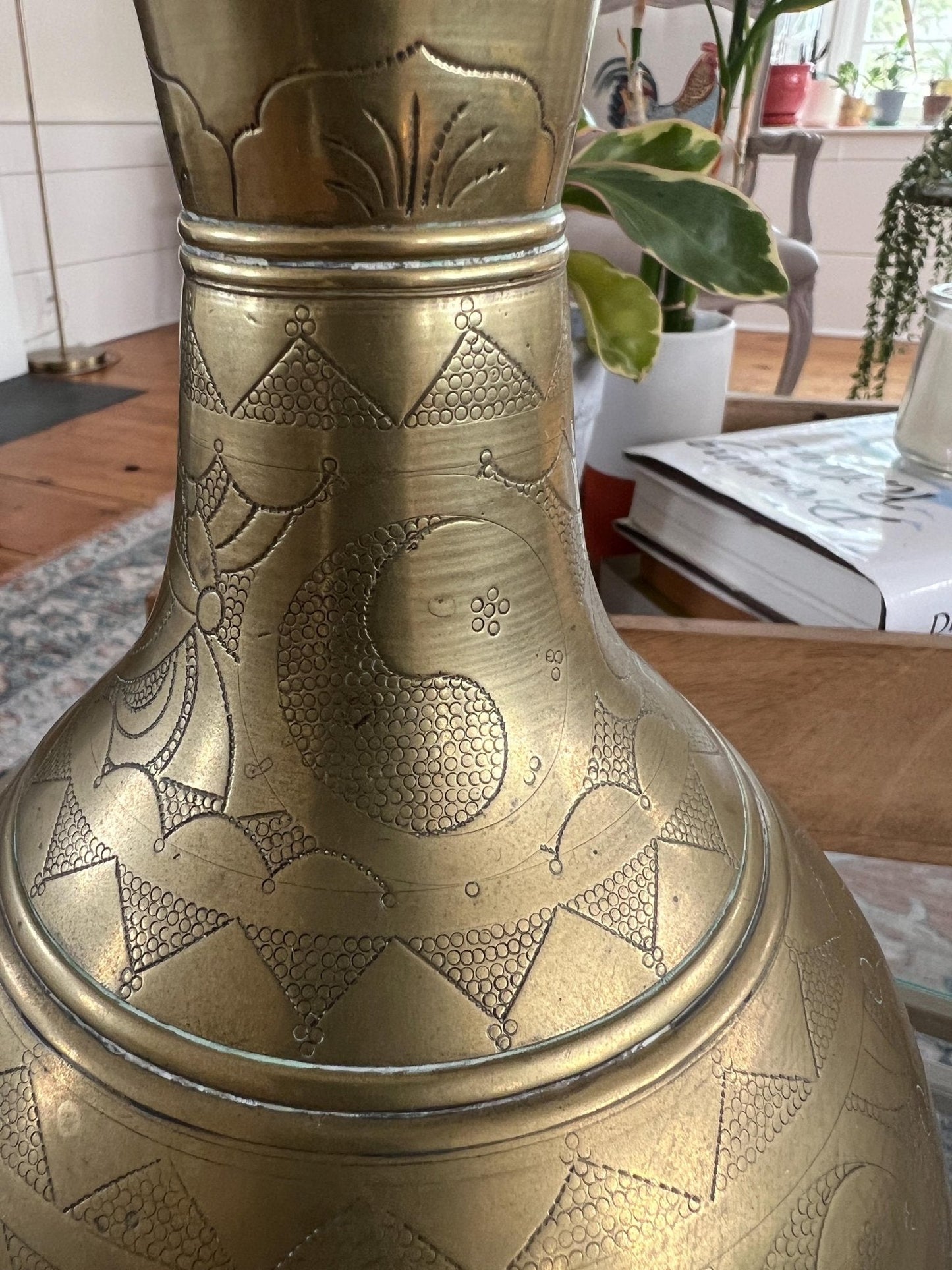Solid Brass Etched Vase — Floral, Shell & Yin-Yang Motifs, Heavy Vintage Patina, 8.5" - Loom Vintage