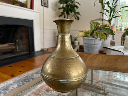 Solid Brass Etched Vase — Floral, Shell & Yin-Yang Motifs, Heavy Vintage Patina, 8.5" - Loom Vintage