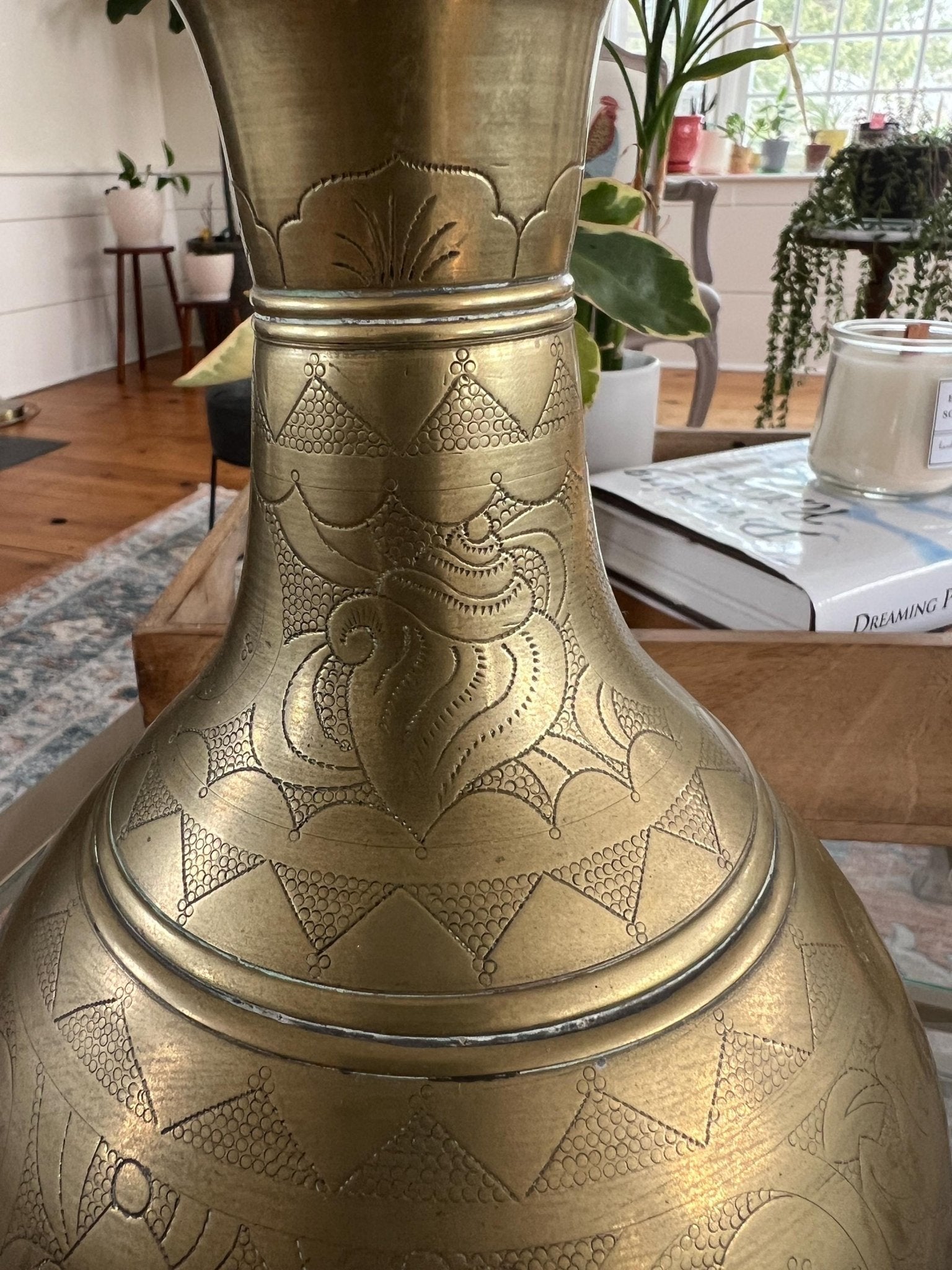 Solid Brass Etched Vase — Floral, Shell & Yin-Yang Motifs, Heavy Vintage Patina, 8.5" - Loom Vintage
