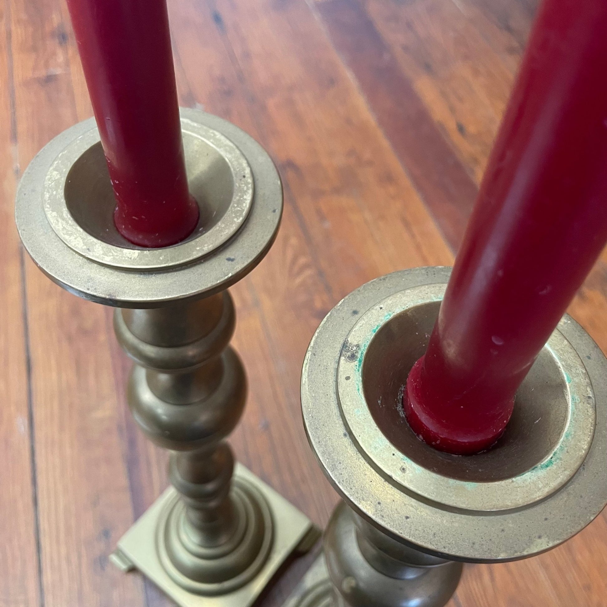 Solid Brass Pedestal Candlesticks, Pair — 18" Turned Baluster, c. Mid - 20th Century - Loom Vintage