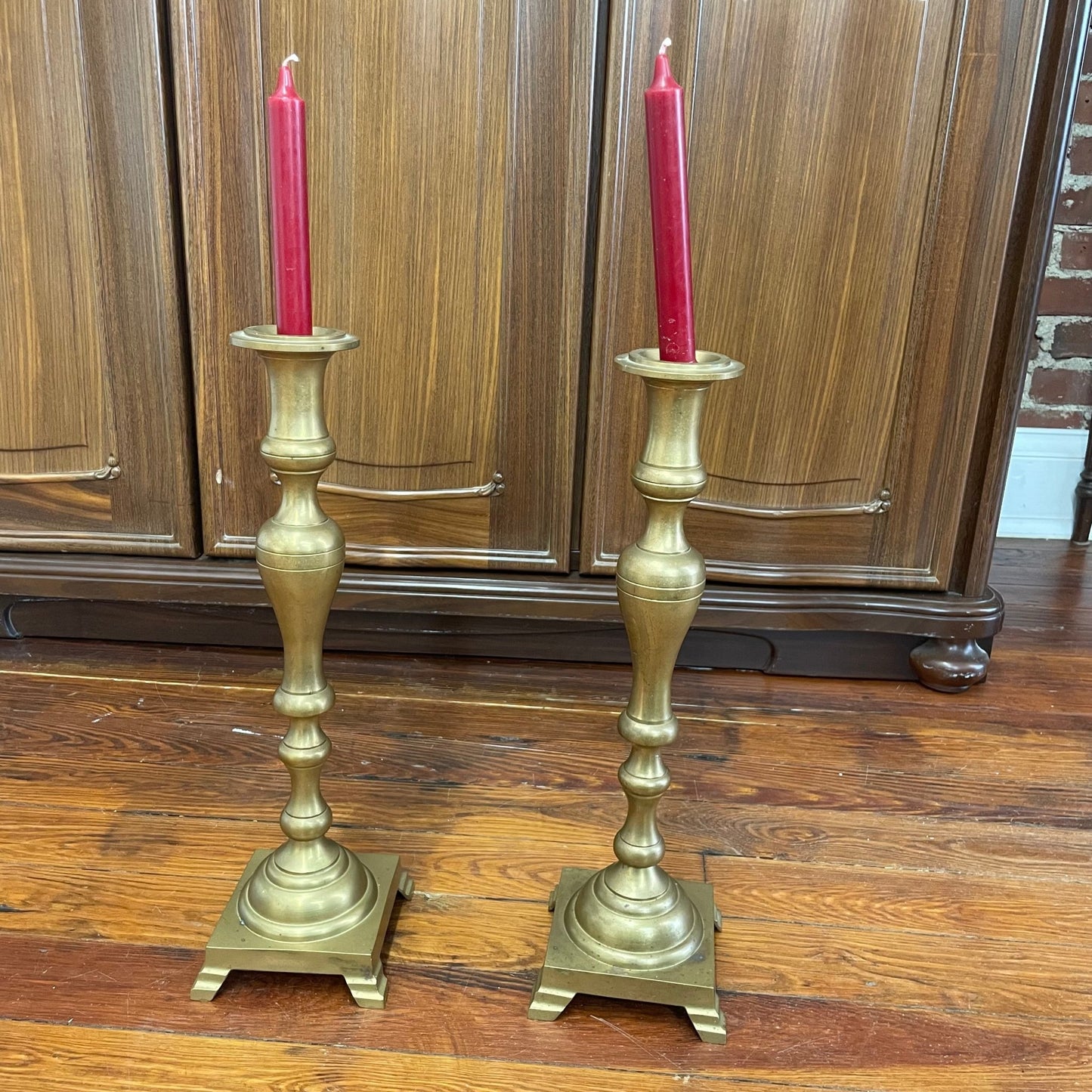 Solid Brass Pedestal Candlesticks, Pair — 18" Turned Baluster, c. Mid - 20th Century - Loom Vintage