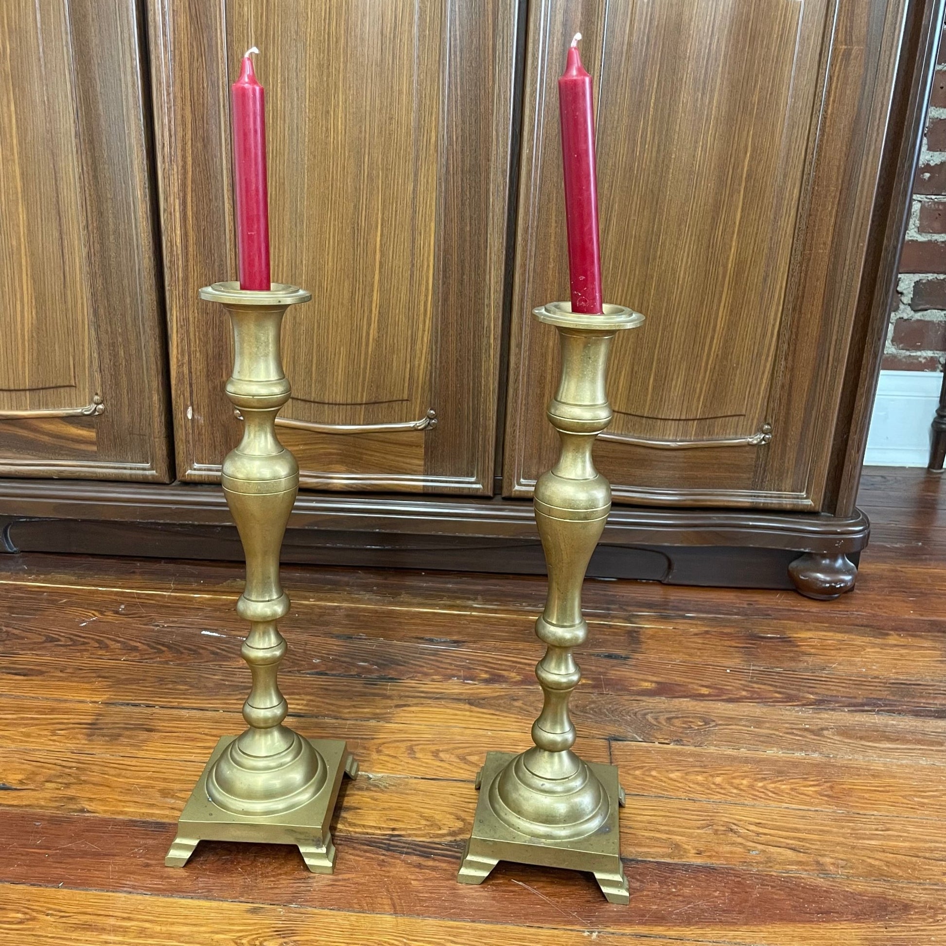 Solid Brass Pedestal Candlesticks, Pair — 18" Turned Baluster, c. Mid - 20th Century - Loom Vintage
