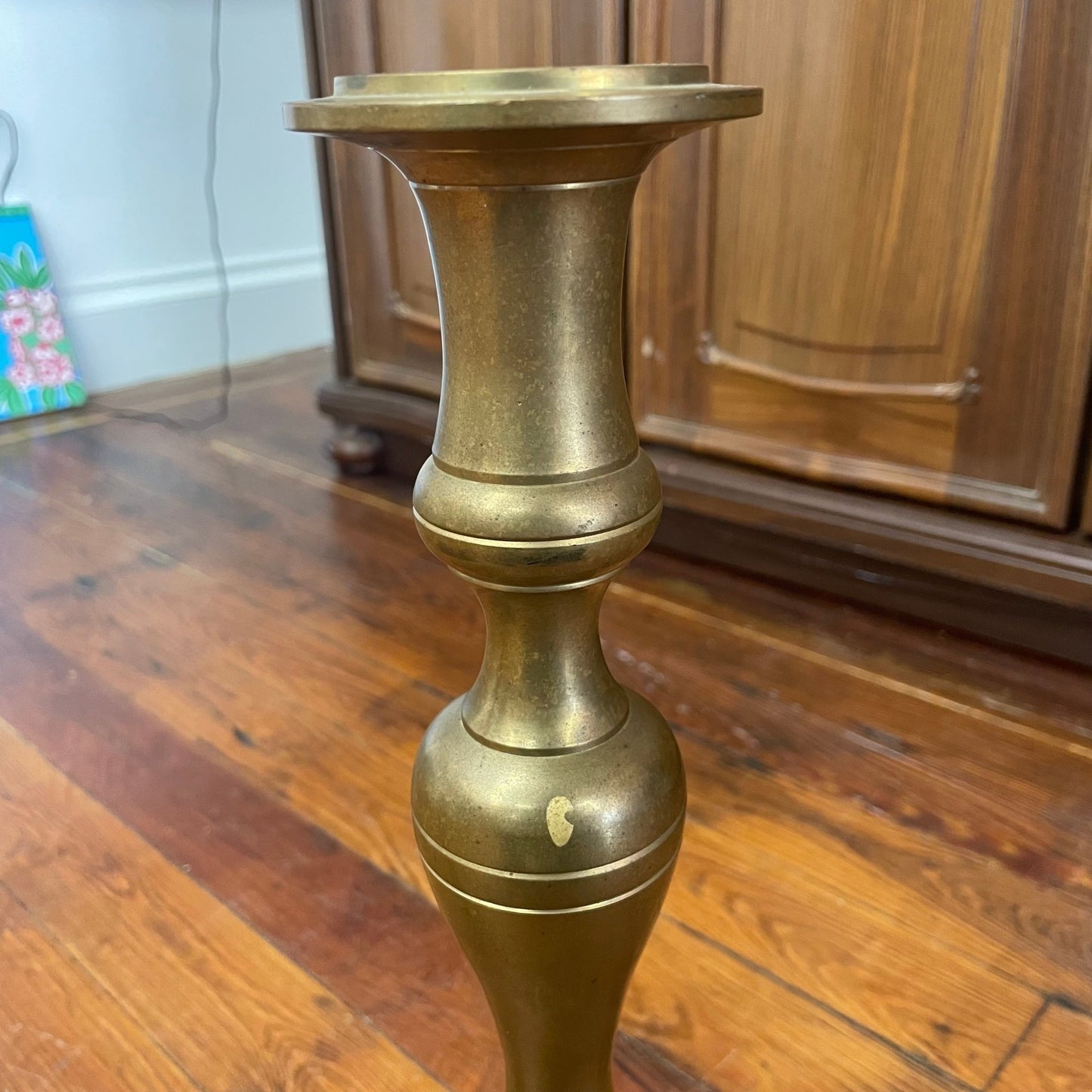 Solid Brass Pedestal Candlesticks, Pair — 18" Turned Baluster, c. Mid - 20th Century - Loom Vintage