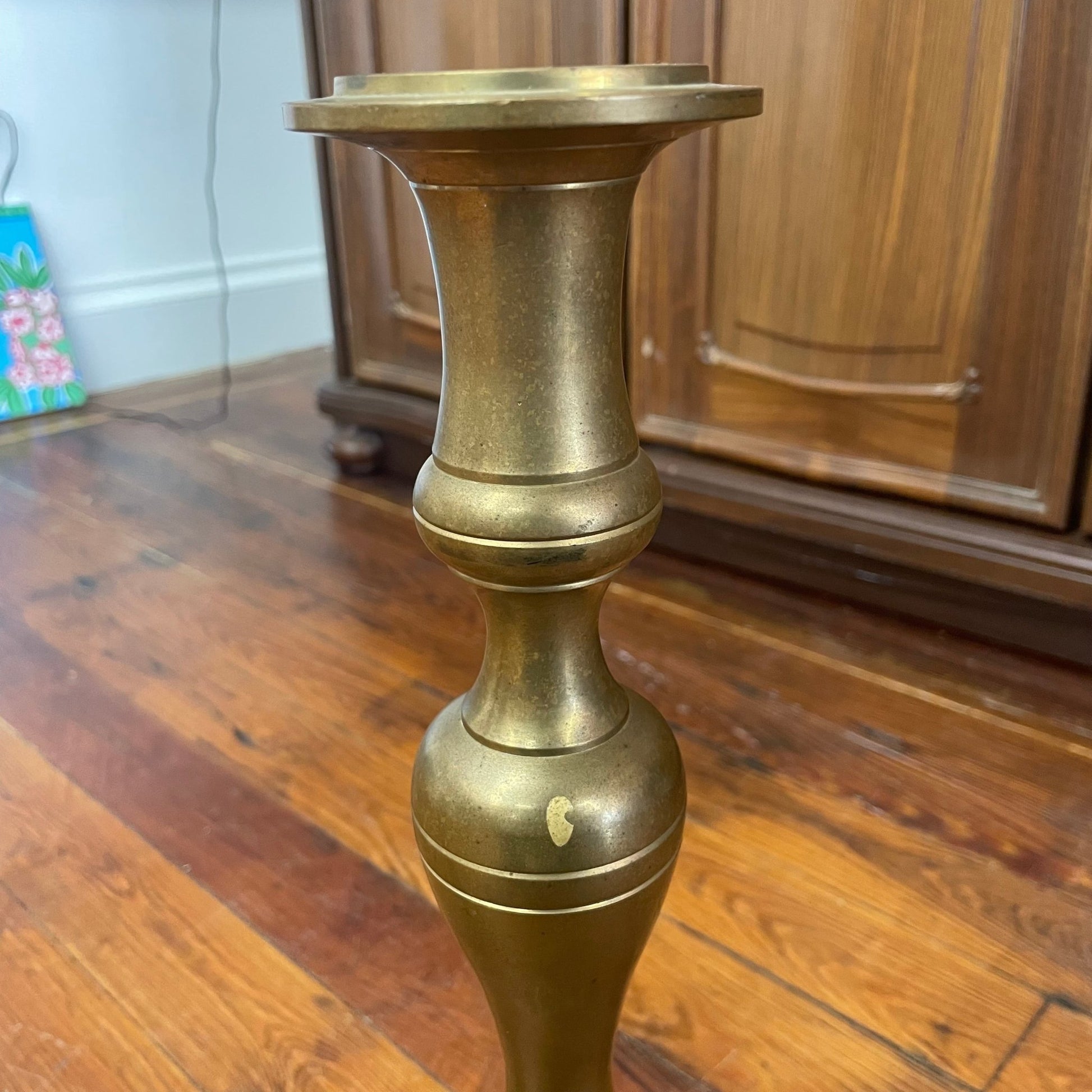 Solid Brass Pedestal Candlesticks, Pair — 18" Turned Baluster, c. Mid - 20th Century - Loom Vintage