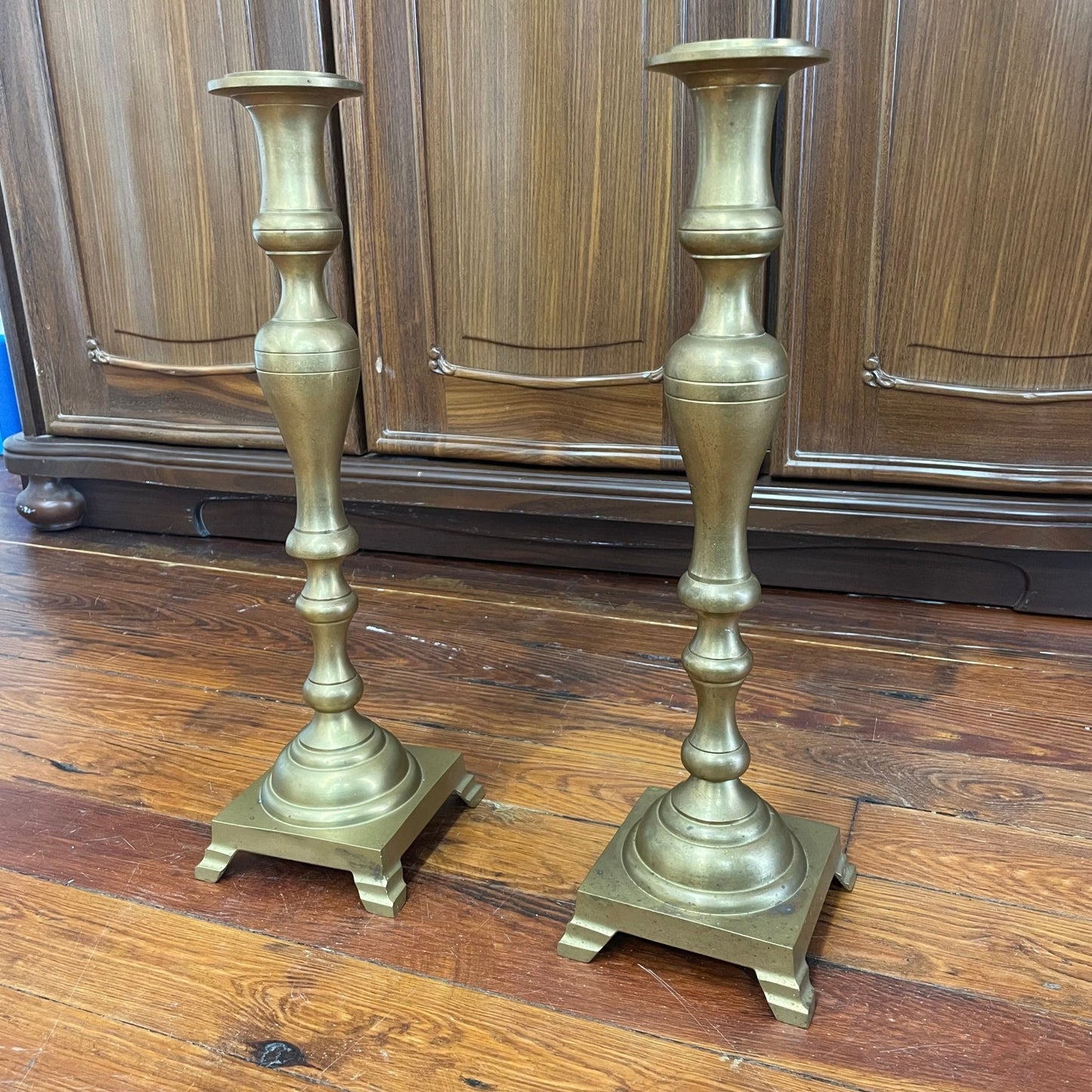 Solid Brass Pedestal Candlesticks, Pair — 18" Turned Baluster, c. Mid - 20th Century - Loom Vintage