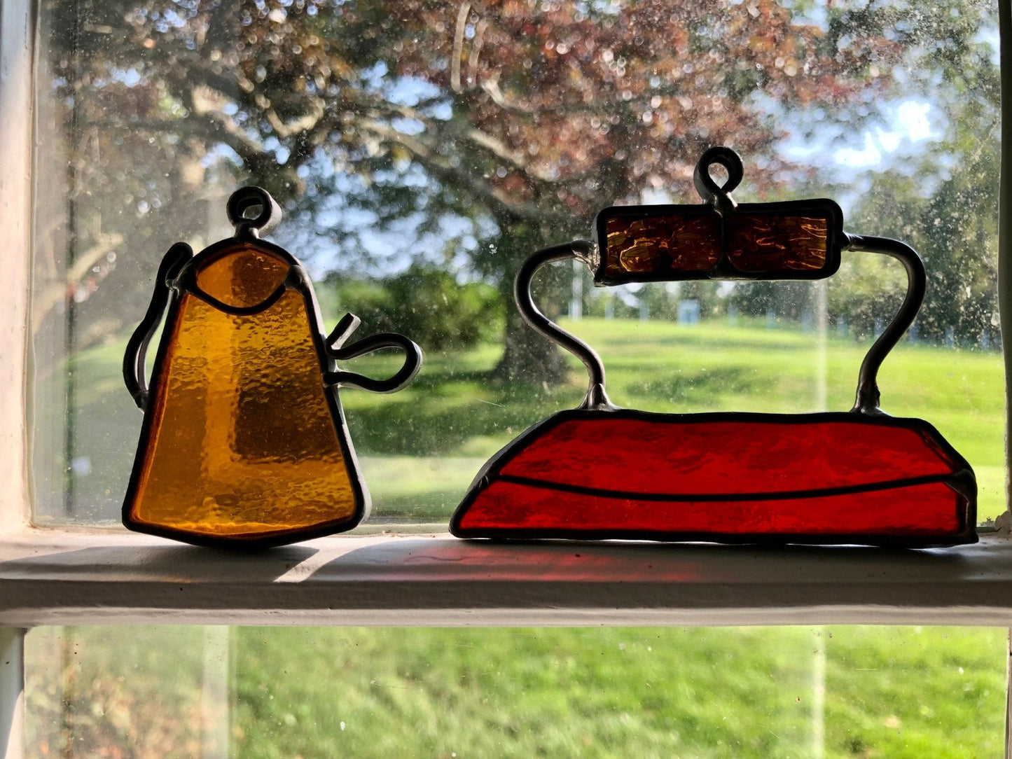 Stained Glass Iron & Tea Pot/ Kettle, Domestic Kitchen Goods, Home Body, Sun catcher, Art, Decor, Glass Ornament, Chores - Loom Vintage