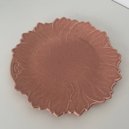 Steubenville Woodfield Leaf Plate — Salmon Pink, 10.5", Made in USA, 1940s - Loom Vintage