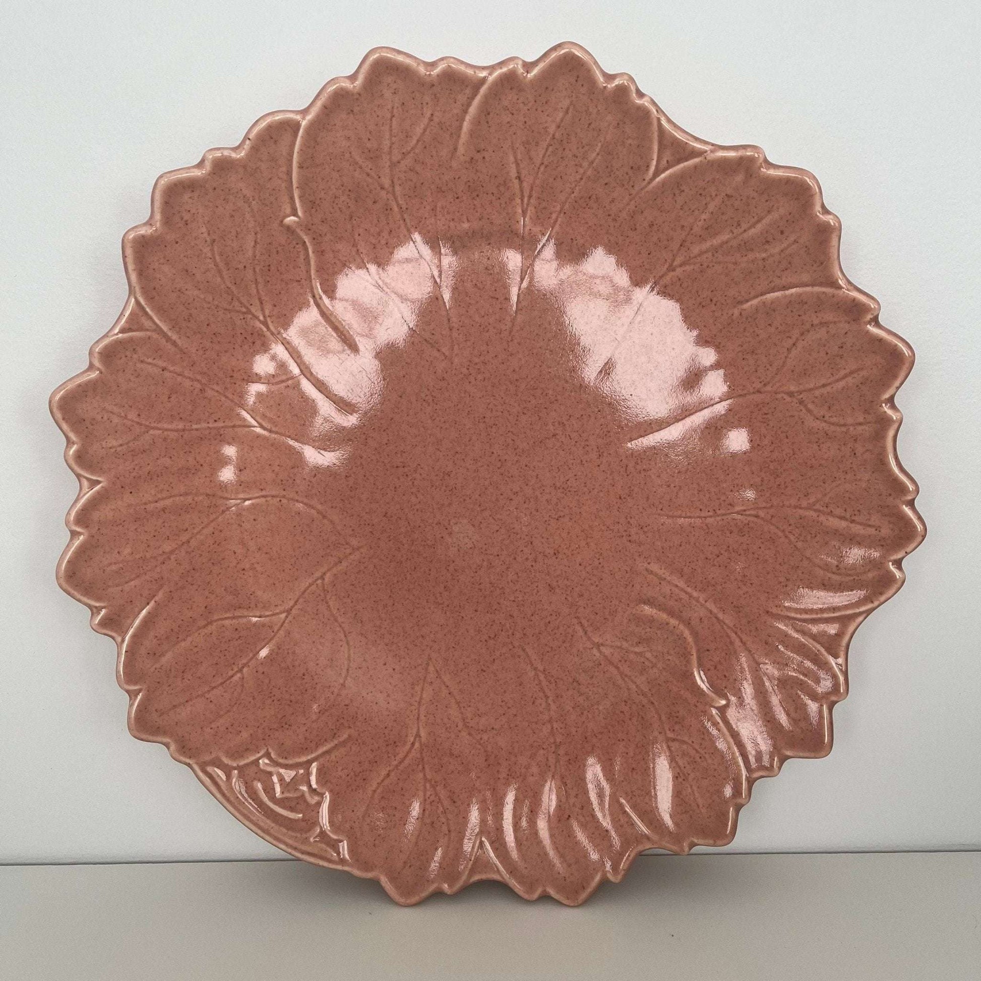 Steubenville Woodfield Leaf Plate — Salmon Pink, 10.5", Made in USA, 1940s - Loom Vintage