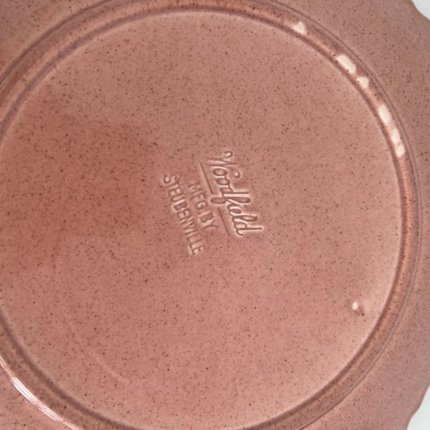 Steubenville Woodfield Leaf Plate — Salmon Pink, 10.5", Made in USA, 1940s - Loom Vintage