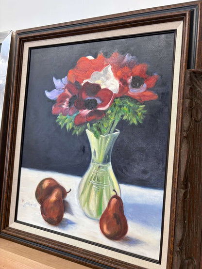 Still Life Oil Painting – Vase of Anemones & Pears by J. Hudock - Loom Vintage