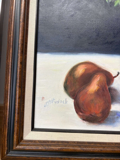 Still Life Oil Painting – Vase of Anemones & Pears by J. Hudock - Loom Vintage
