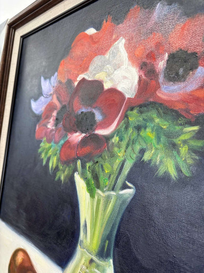 Still Life Oil Painting – Vase of Anemones & Pears by J. Hudock - Loom Vintage