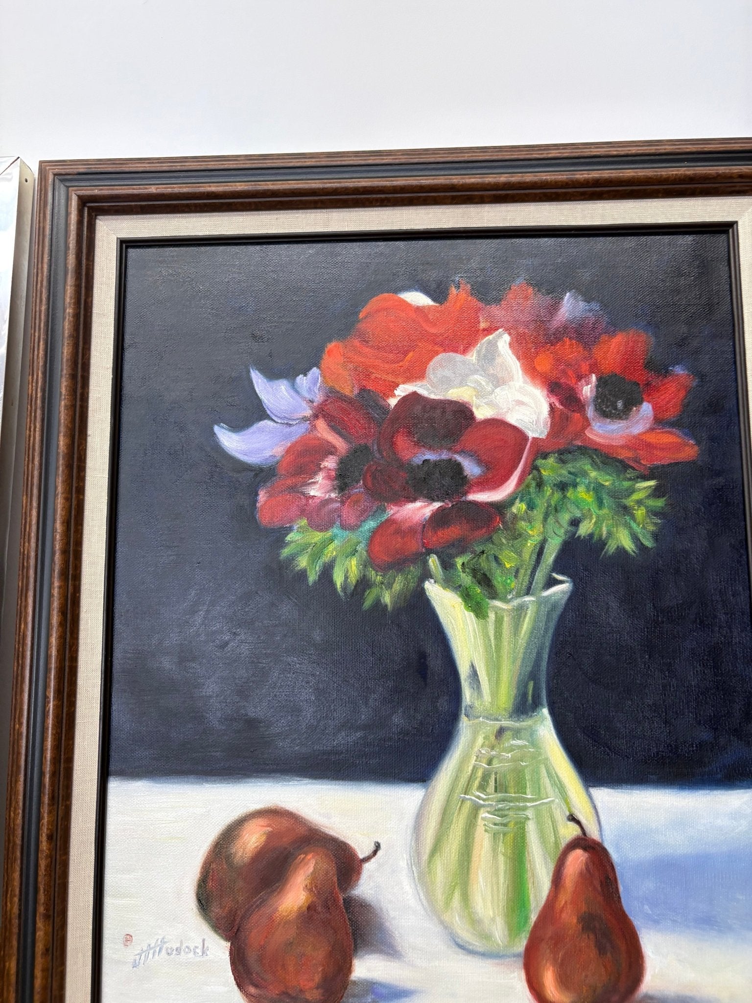 Still Life Oil Painting – Vase of Anemones & Pears by J. Hudock - Loom Vintage