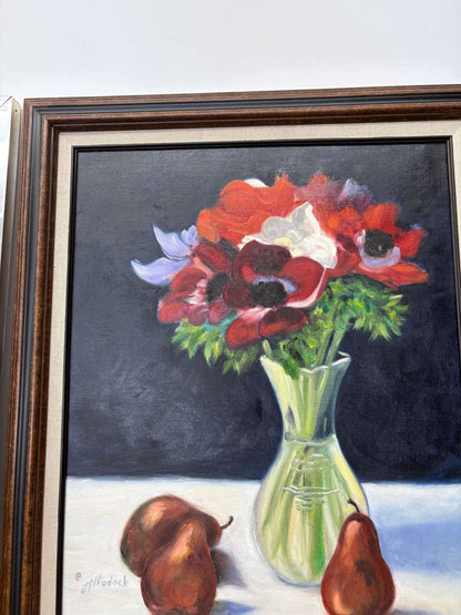 Still Life Oil Painting – Vase of Anemones & Pears by J. Hudock - Loom Vintage