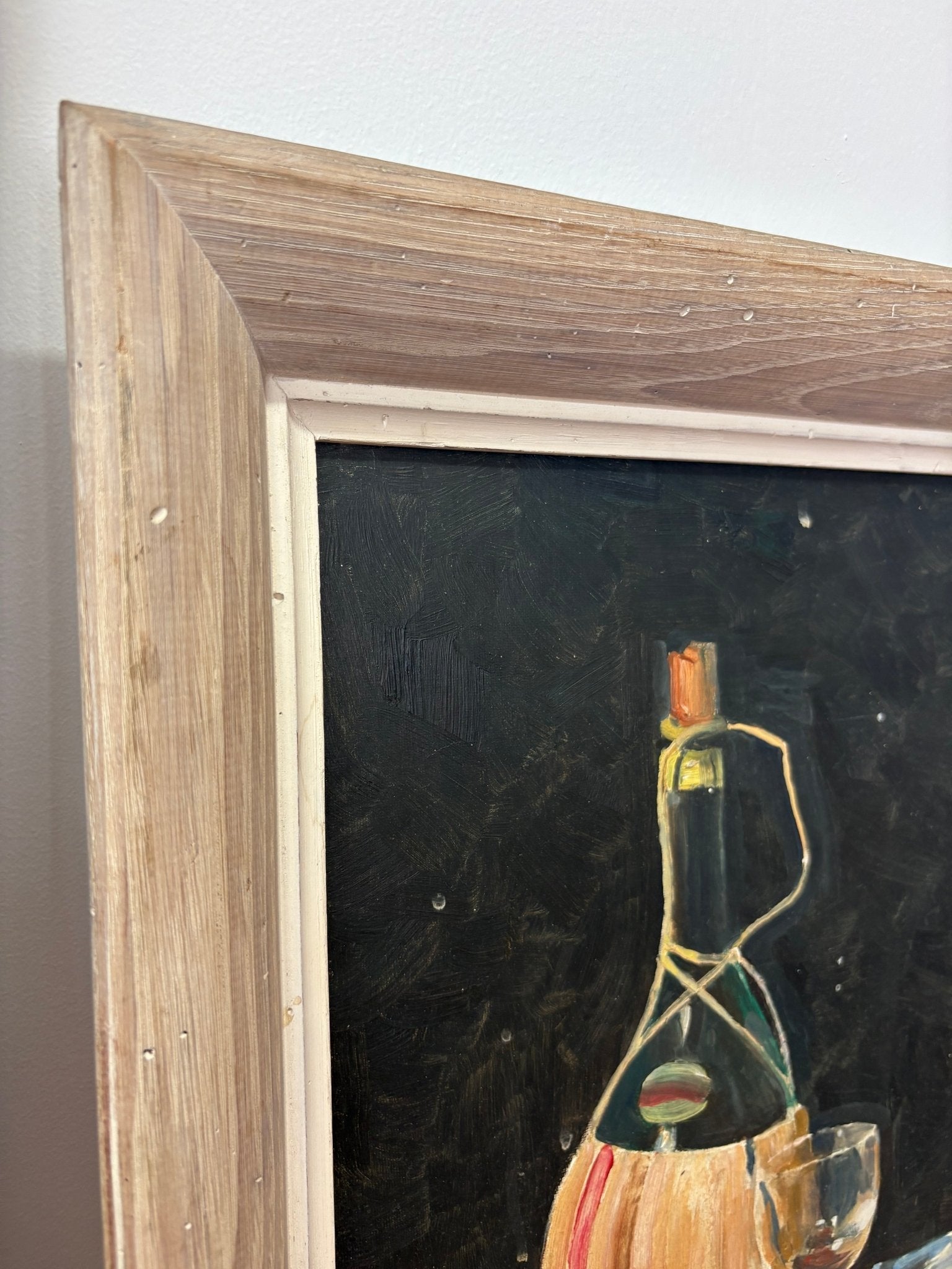 Still Life with Wine Bottle & Glass – Framed Vintage Acrylic Painting - Loom Vintage