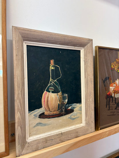 Still Life with Wine Bottle & Glass – Framed Vintage Acrylic Painting - Loom Vintage