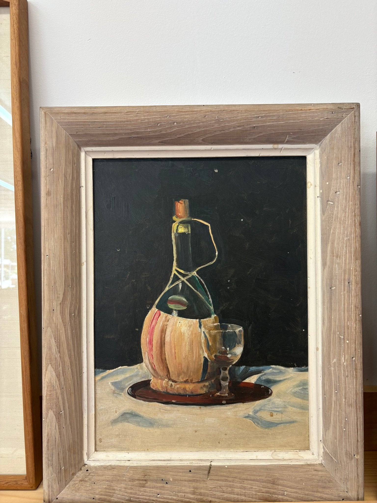Still Life with Wine Bottle & Glass – Framed Vintage Acrylic Painting - Loom Vintage