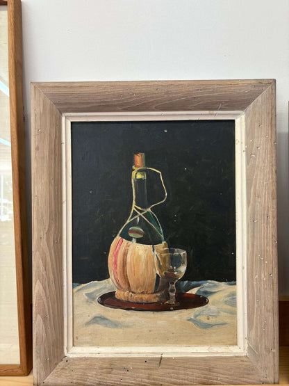 Still Life with Wine Bottle & Glass – Framed Vintage Acrylic Painting - Loom Vintage
