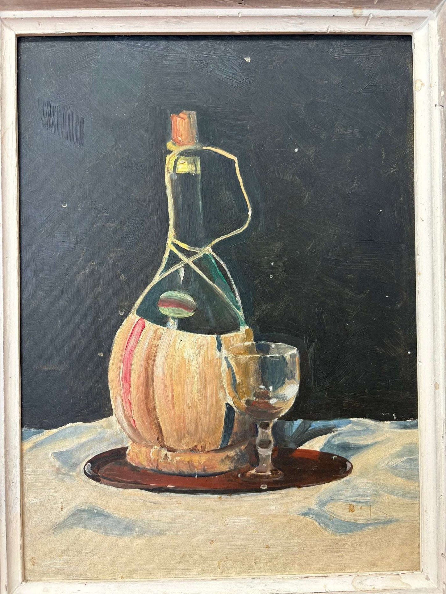 Still Life with Wine Bottle & Glass – Framed Vintage Acrylic Painting - Loom Vintage