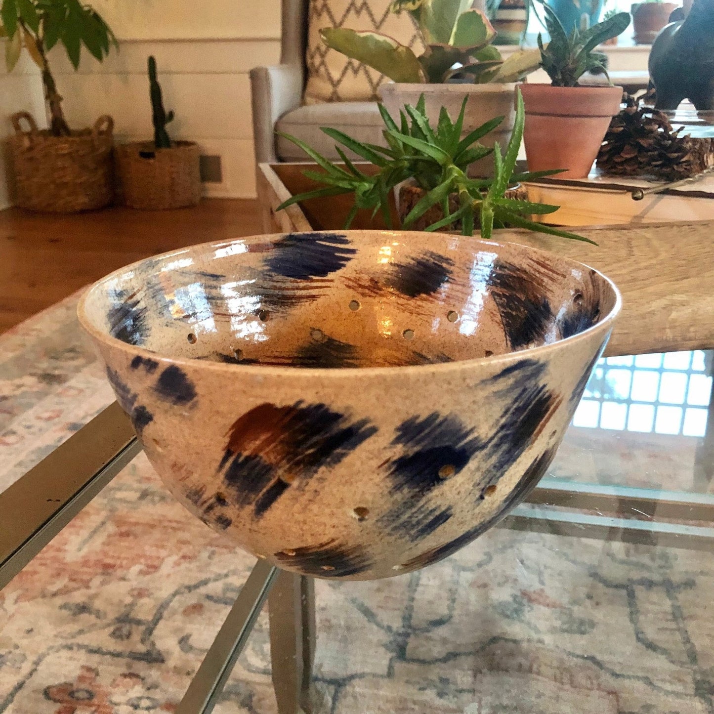 Studio Pottery Berry Bowl Colander, Signed "Bud '90" — Tan with Blue & Brown, 7.5" - Loom Vintage