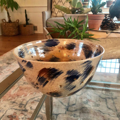 Studio Pottery Berry Bowl Colander, Signed "Bud '90" — Tan with Blue & Brown, 7.5" - Loom Vintage