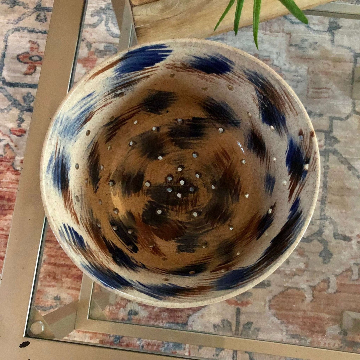 Studio Pottery Berry Bowl Colander, Signed "Bud '90" — Tan with Blue & Brown, 7.5" - Loom Vintage