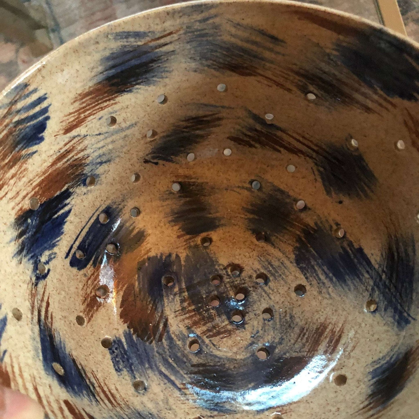 Studio Pottery Berry Bowl Colander, Signed "Bud '90" — Tan with Blue & Brown, 7.5" - Loom Vintage