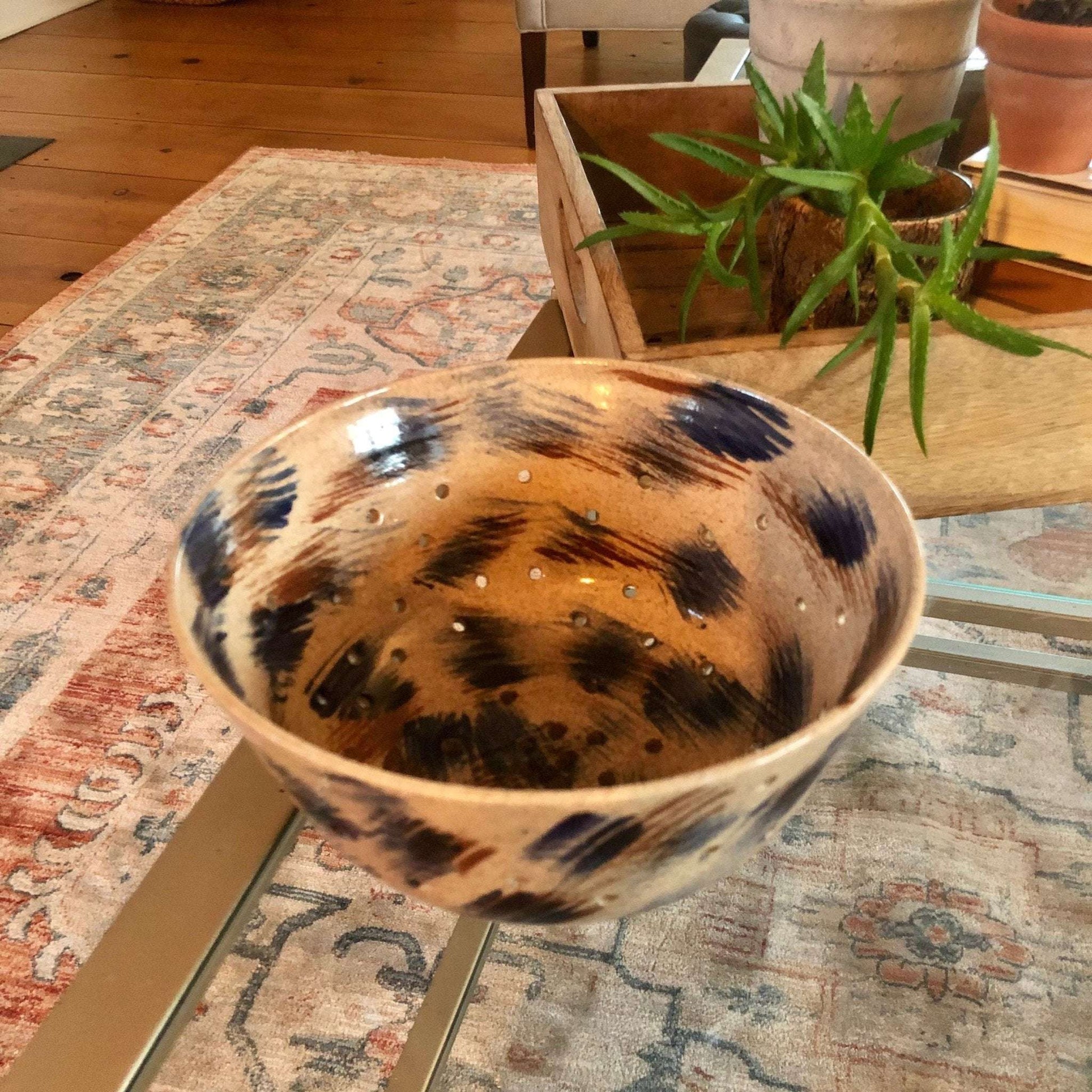 Studio Pottery Berry Bowl Colander, Signed "Bud '90" — Tan with Blue & Brown, 7.5" - Loom Vintage