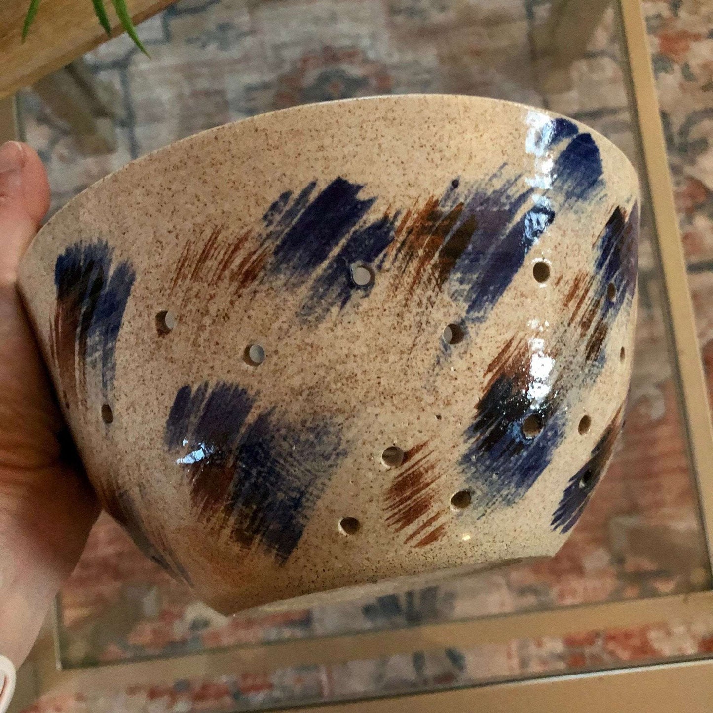 Studio Pottery Berry Bowl Colander, Signed "Bud '90" — Tan with Blue & Brown, 7.5" - Loom Vintage