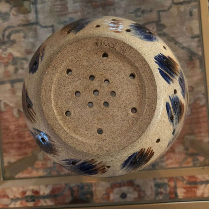 Studio Pottery Berry Bowl Colander, Signed "Bud '90" — Tan with Blue & Brown, 7.5" - Loom Vintage