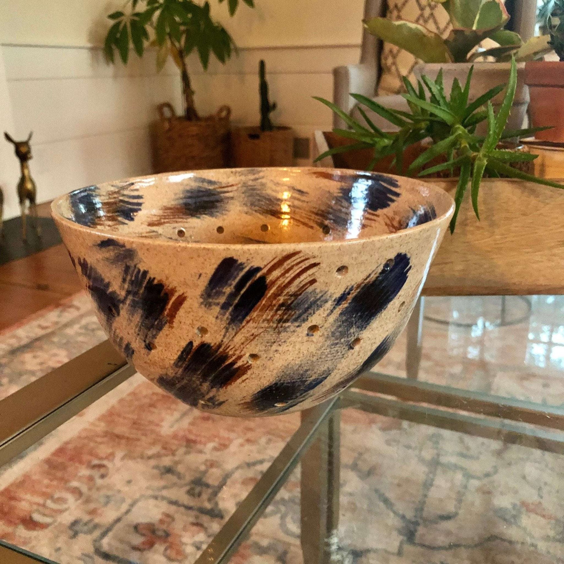 Studio Pottery Berry Bowl Colander, Signed "Bud '90" — Tan with Blue & Brown, 7.5" - Loom Vintage
