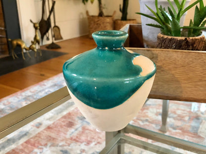 Studio Pottery Bud Vase — Teal Drip Glaze over Cream, Bulbous Form, Artist Cipher Mark, 4.75"H - Loom Vintage