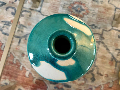 Studio Pottery Bud Vase — Teal Drip Glaze over Cream, Bulbous Form, Artist Cipher Mark, 4.75"H - Loom Vintage