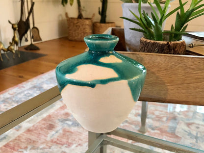 Studio Pottery Bud Vase — Teal Drip Glaze over Cream, Bulbous Form, Artist Cipher Mark, 4.75"H - Loom Vintage