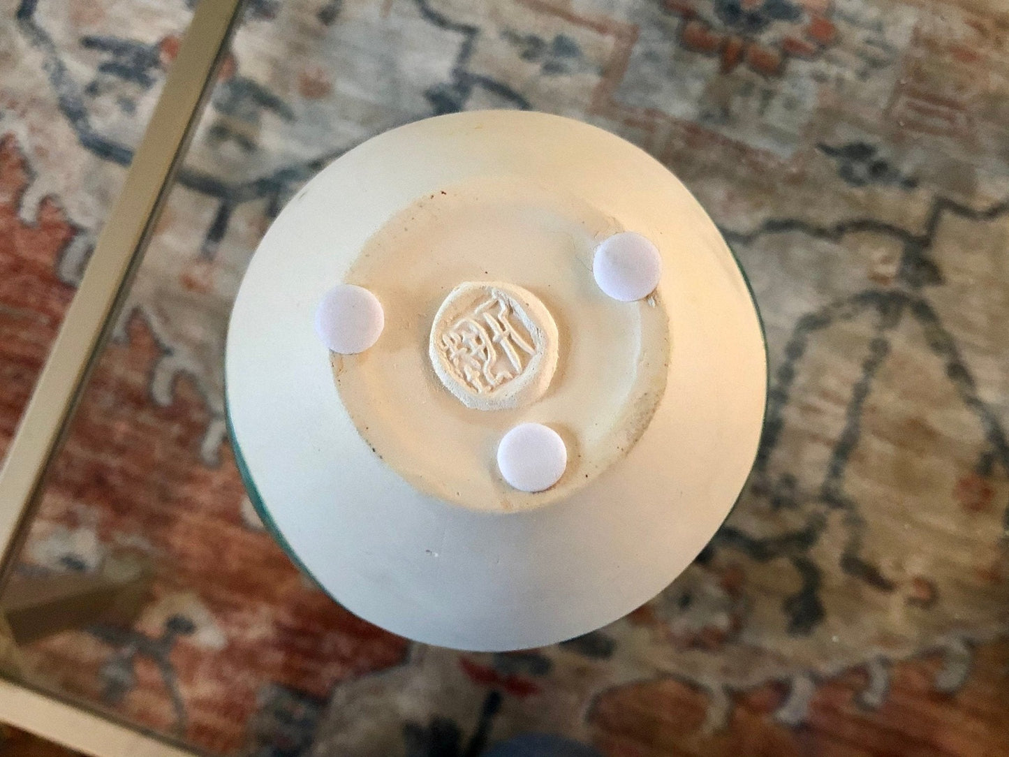 Studio Pottery Bud Vase — Teal Drip Glaze over Cream, Bulbous Form, Artist Cipher Mark, 4.75"H - Loom Vintage