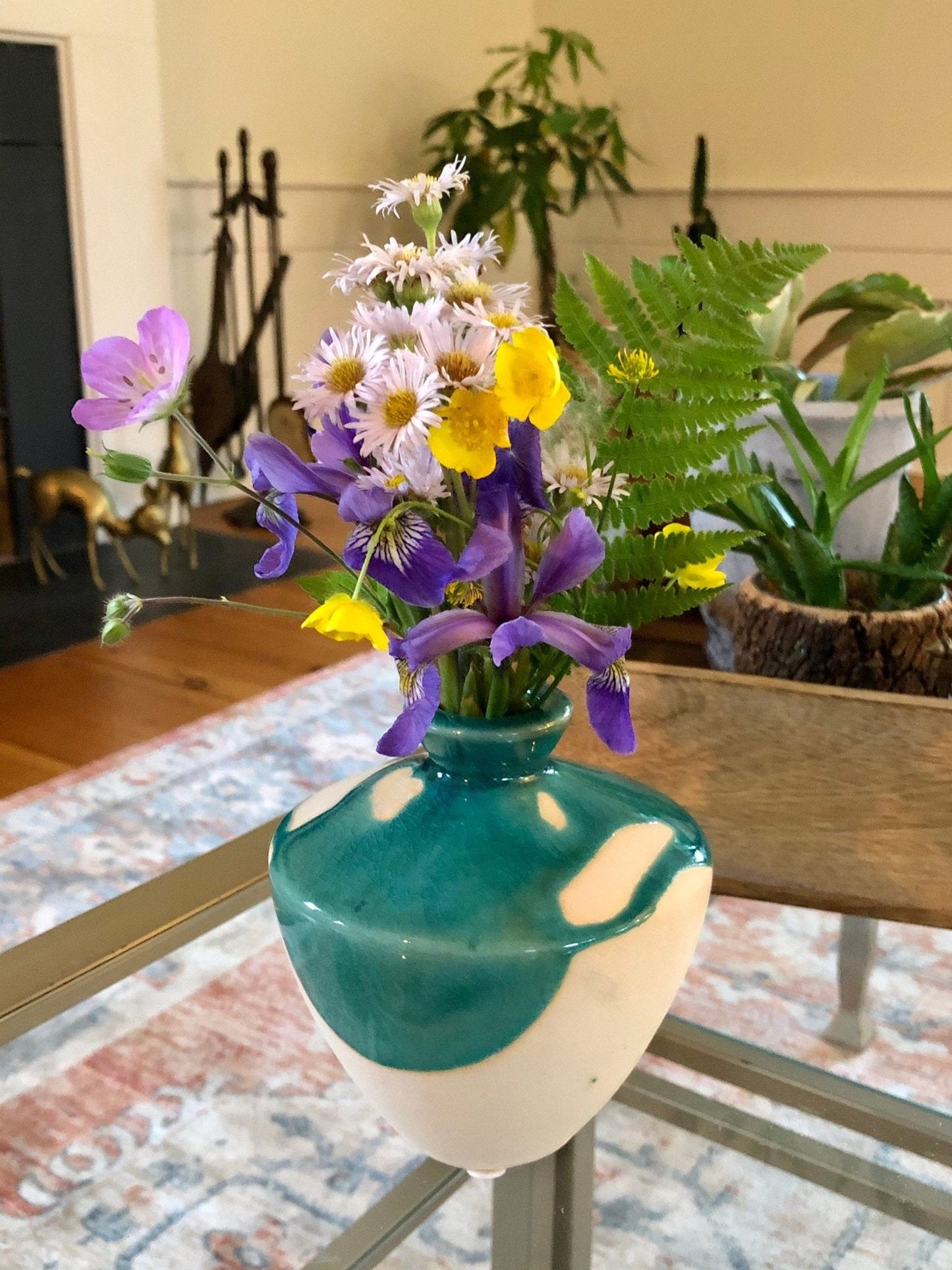 Studio Pottery Bud Vase — Teal Drip Glaze over Cream, Bulbous Form, Artist Cipher Mark, 4.75"H - Loom Vintage