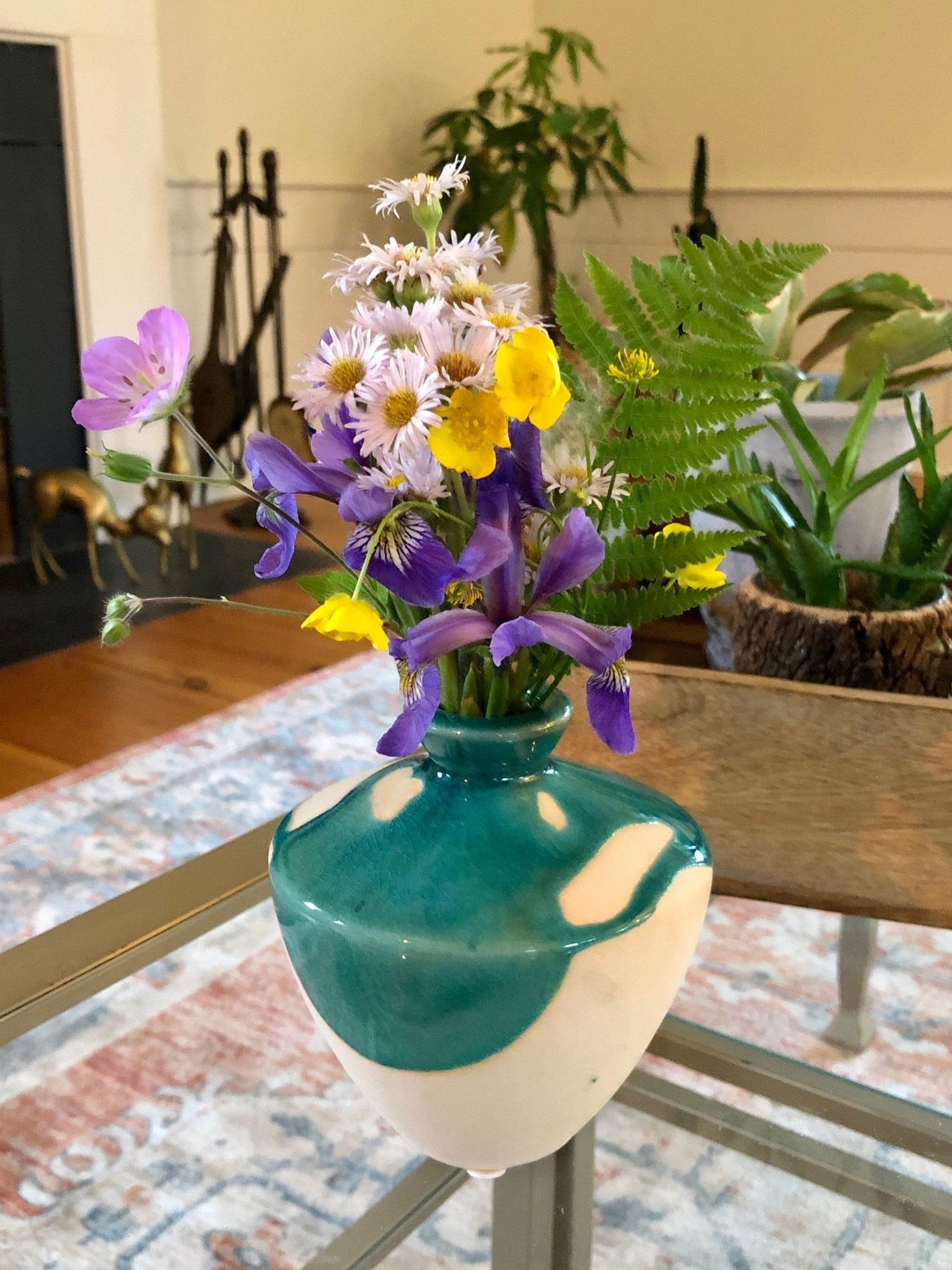 Studio Pottery Bud Vase — Teal Drip Glaze over Cream, Bulbous Form, Artist Cipher Mark, 4.75"H - Loom Vintage
