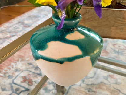 Studio Pottery Bud Vase — Teal Drip Glaze over Cream, Bulbous Form, Artist Cipher Mark, 4.75"H - Loom Vintage