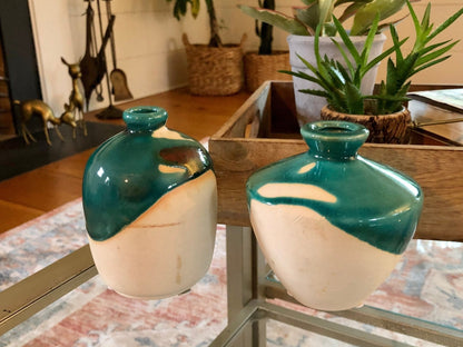 Studio Pottery Bud Vase — Teal Drip Glaze over Cream, Bulbous Form, Artist Cipher Mark, 4.75"H - Loom Vintage
