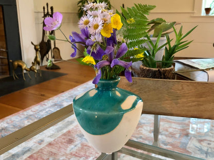 Studio Pottery Bud Vase — Teal Drip Glaze over Cream, Bulbous Form, Artist Cipher Mark, 4.75"H - Loom Vintage