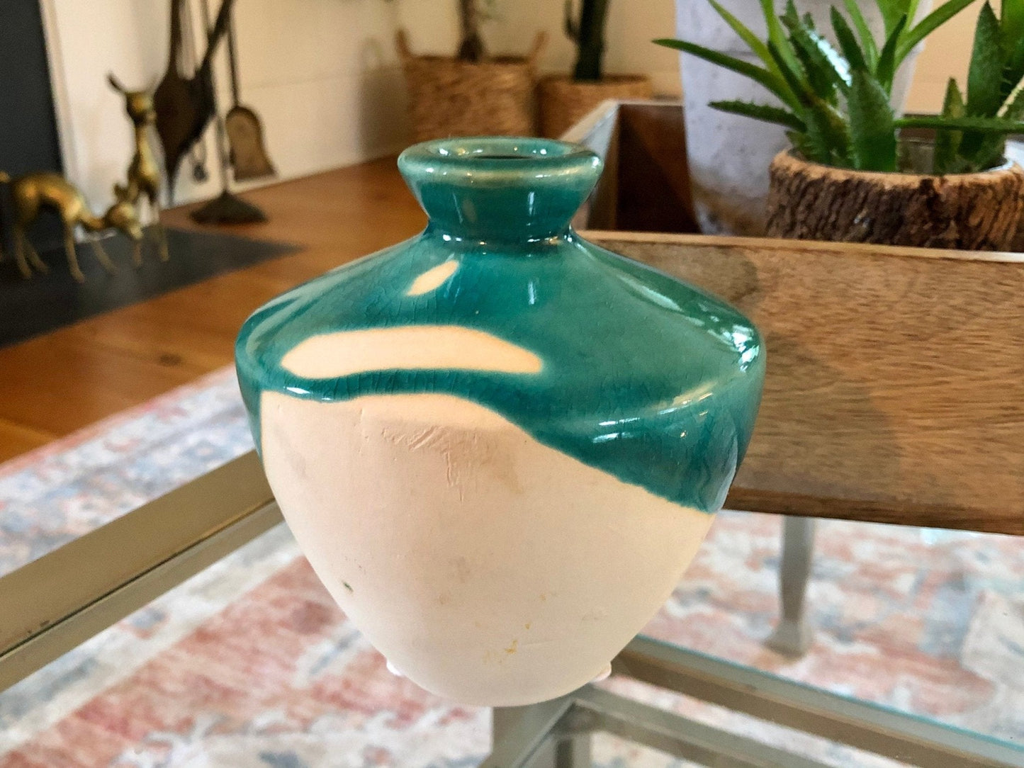 Studio Pottery Bud Vase — Teal Drip Glaze over Cream, Bulbous Form, Artist Cipher Mark, 4.75"H - Loom Vintage