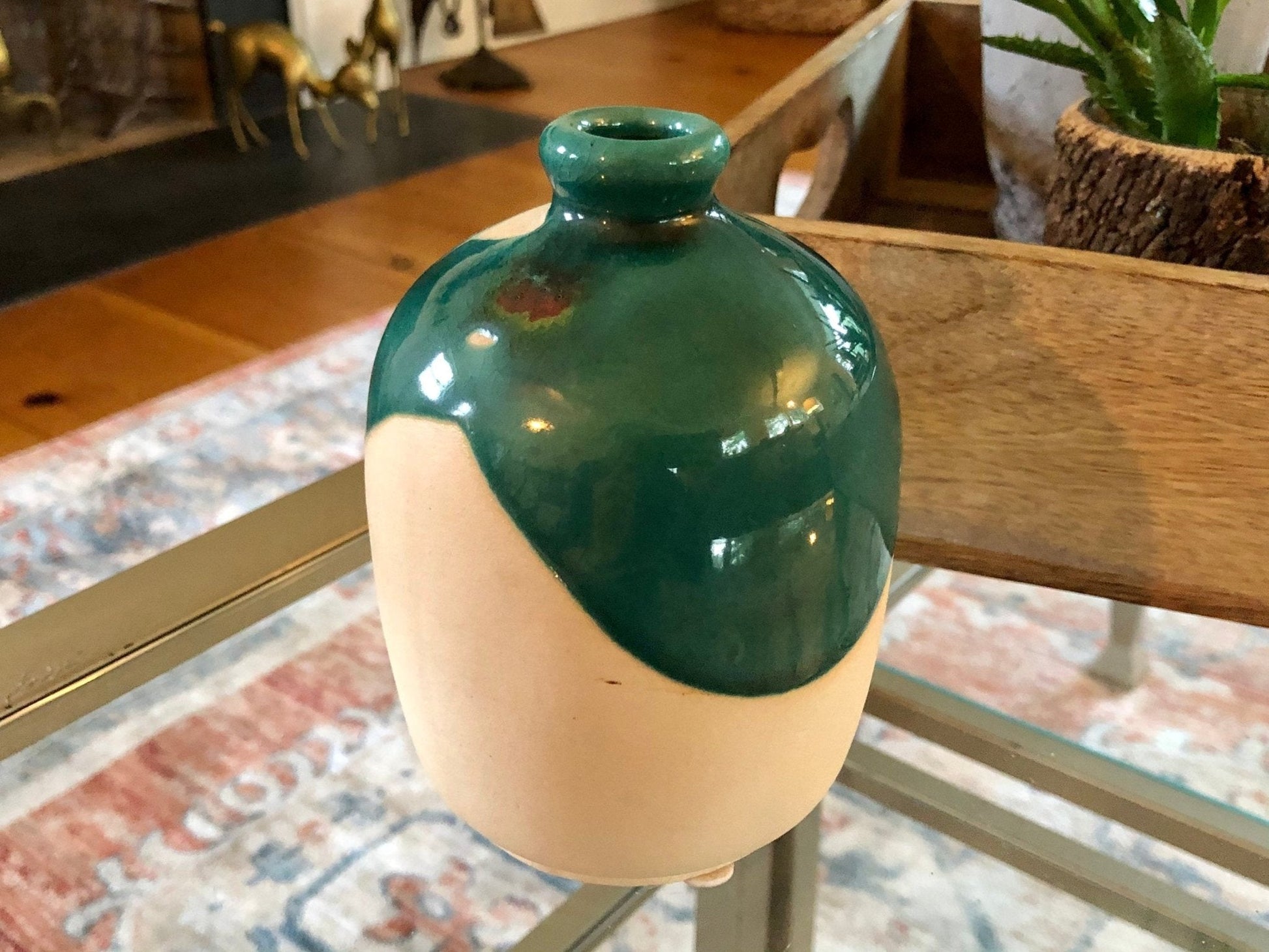 Studio Pottery Bud Vase — Teal Drip Glaze over Cream, Rounded Form, Artist Cipher Mark, 5"H - Loom Vintage