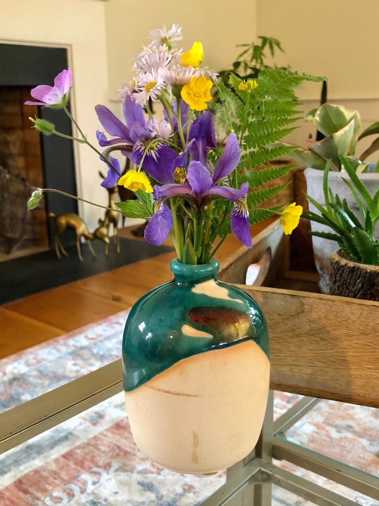 Studio Pottery Bud Vase — Teal Drip Glaze over Cream, Rounded Form, Artist Cipher Mark, 5"H - Loom Vintage