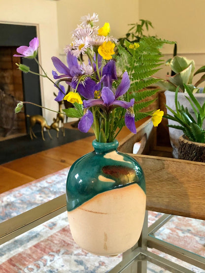 Studio Pottery Bud Vase — Teal Drip Glaze over Cream, Rounded Form, Artist Cipher Mark, 5"H - Loom Vintage
