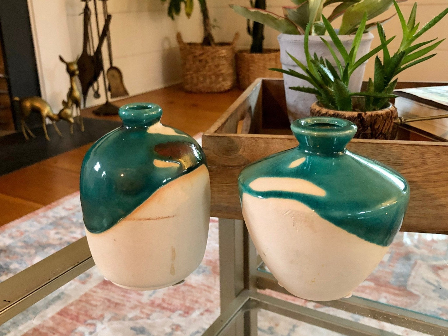 Studio Pottery Bud Vase — Teal Drip Glaze over Cream, Rounded Form, Artist Cipher Mark, 5"H - Loom Vintage