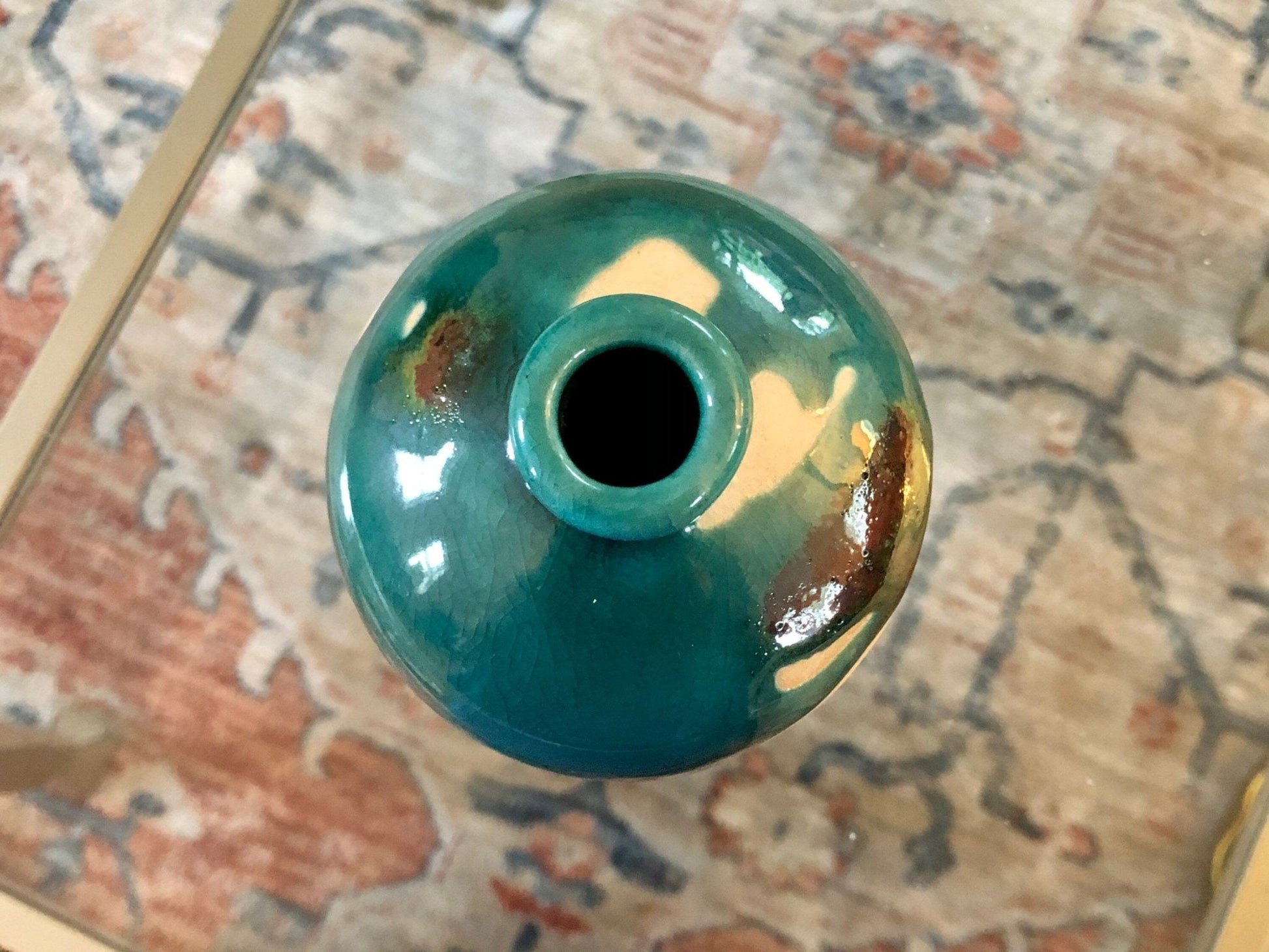 Studio Pottery Bud Vase — Teal Drip Glaze over Cream, Rounded Form, Artist Cipher Mark, 5"H - Loom Vintage